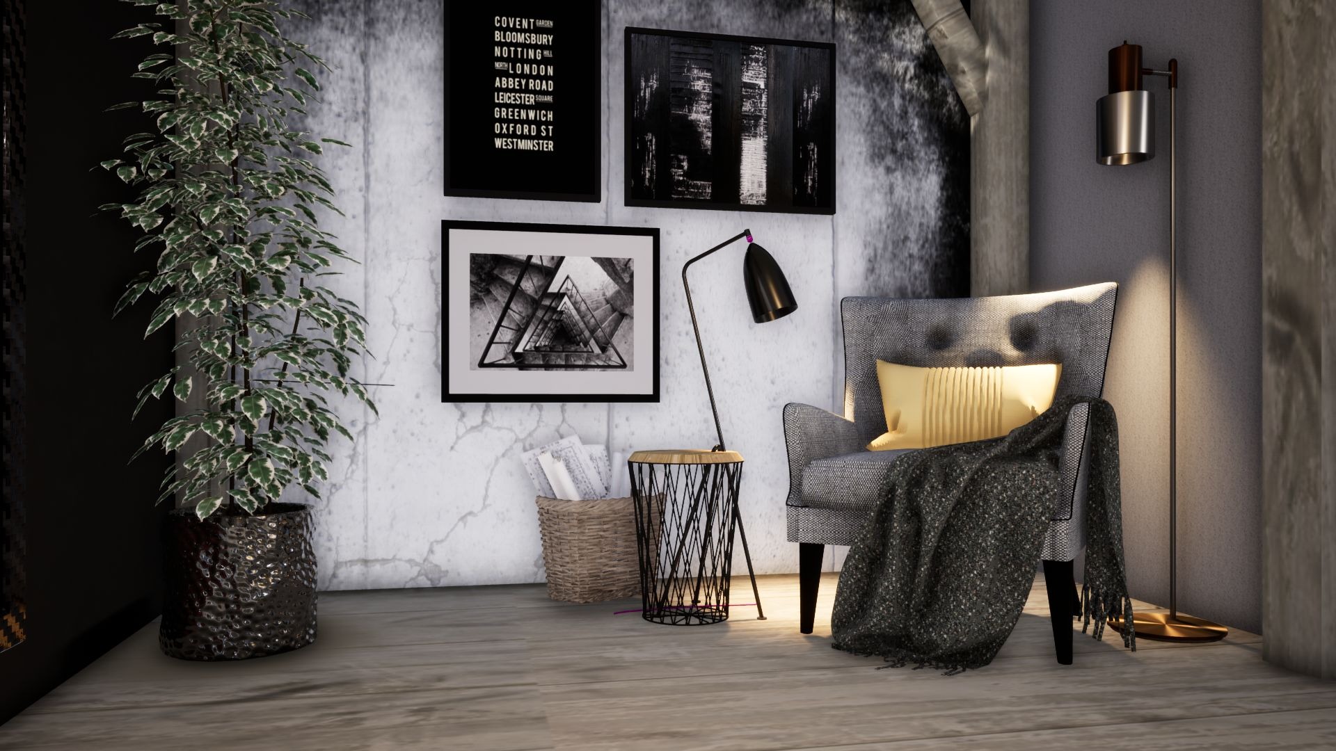 Szare krzesło z żółtą poduszką i ciemnym pledem, obok lampka, stolik z koszem na gazety, na ścianie grafiki w czarnych ramkach i duża roślina doniczkowa.
