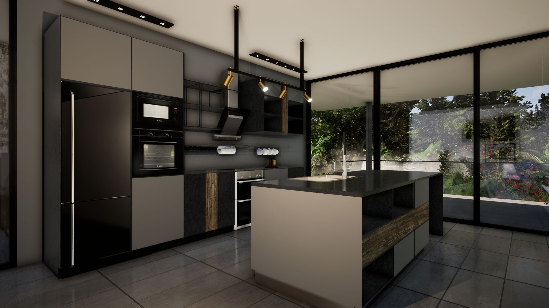 Wizualizacja nowoczesnej kuchni z wyspą, dużymi oknami z widokiem na ogród i oświetleniem punktowym.