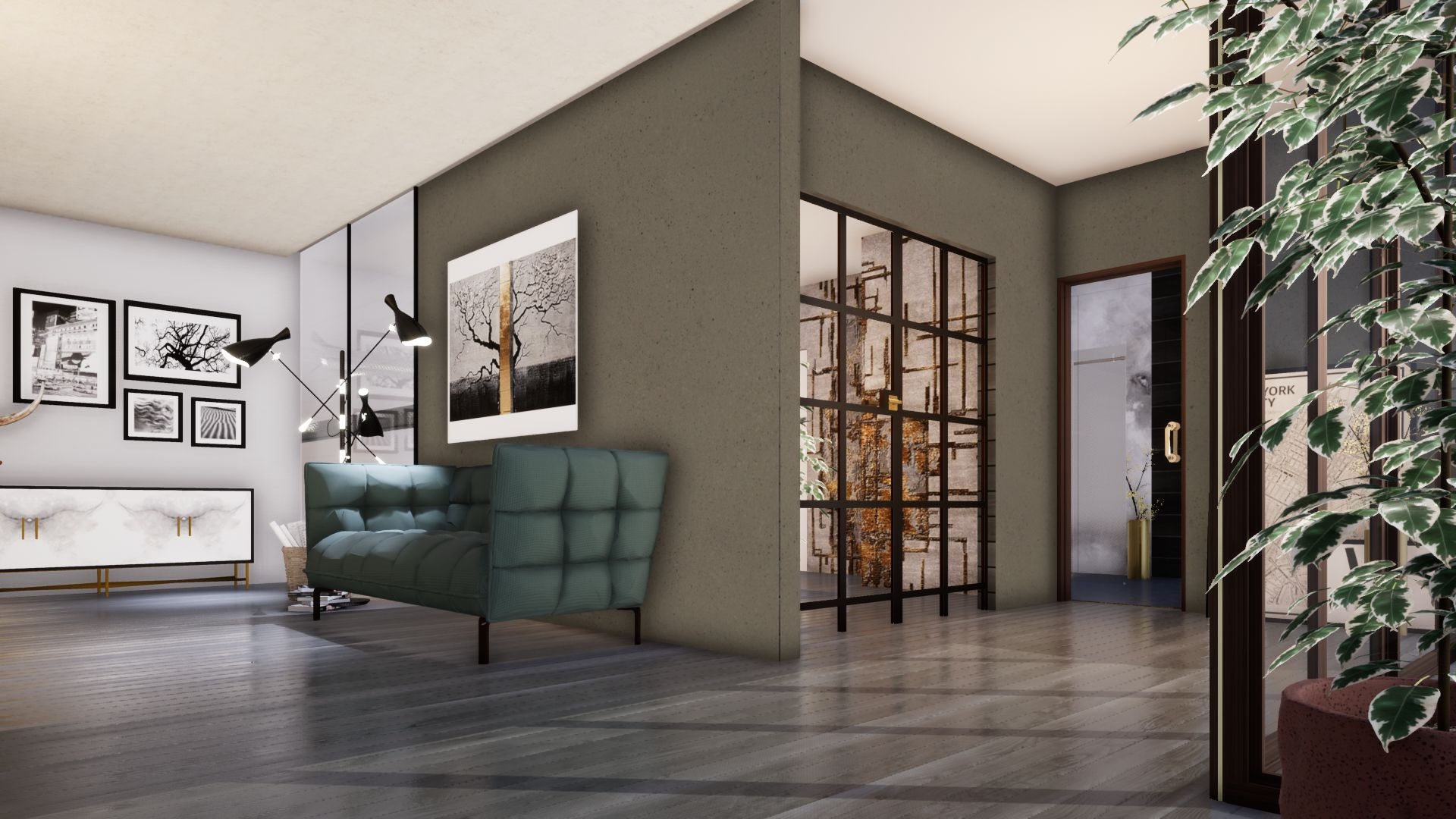 Stylowe wnętrze z turkusową sofą, czarno-białymi grafikami na ścianie, designerską lampą i dekoracyjną ścianką działową z metalową konstrukcją, uzupełnione rośliną doniczkową.