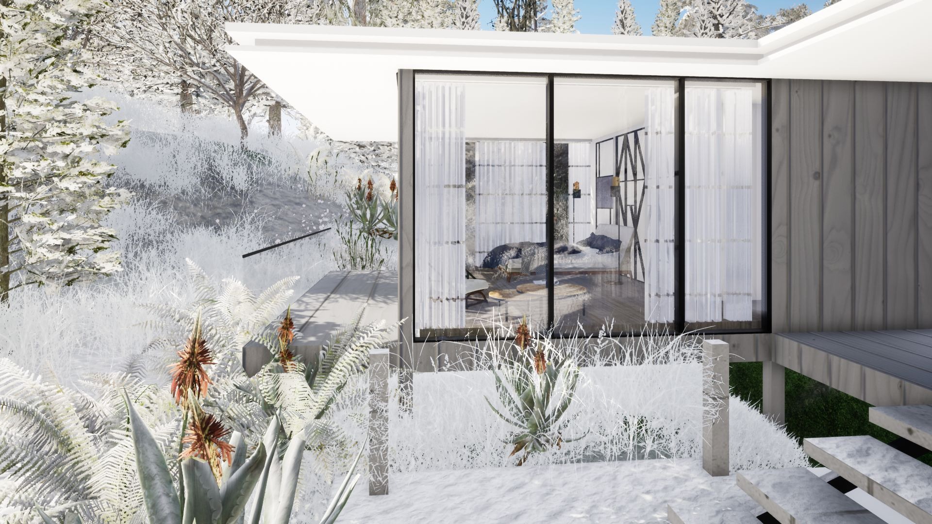 Wizualizacja nowoczesnego domu z dużymi oknami i drewnianą elewacją, otoczonego zimowym krajobrazem z ośnieżonymi roślinami i drzewami. Wnętrze widoczne przez okna ukazuje sypialnię z designerskimi...