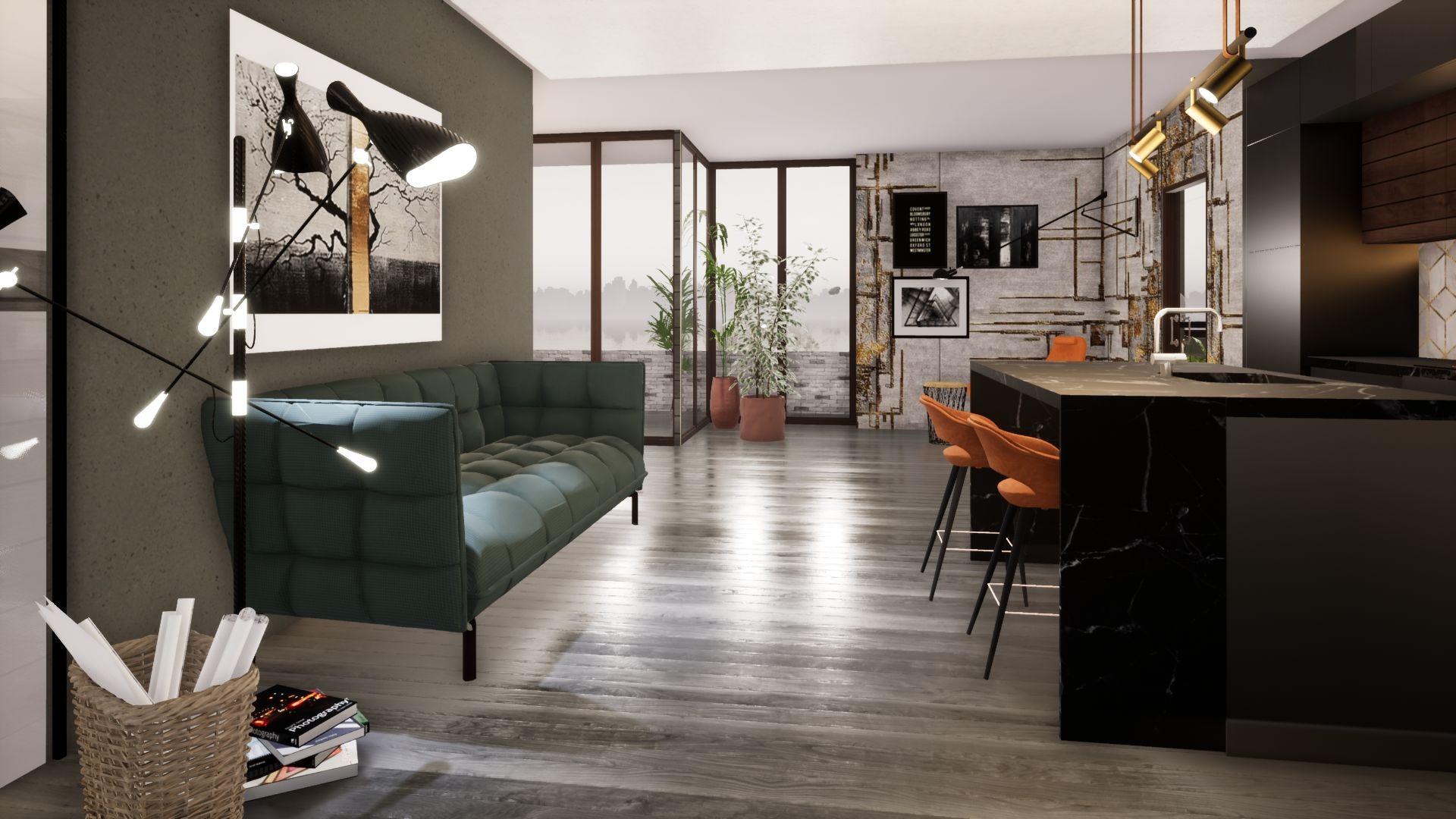 Wizualizacja przestronnego wnętrza mieszkania z zieloną sofą, czarnym blatem kuchennym, pomarańczowymi krzesłami barowymi i dużymi oknami balkonowymi.