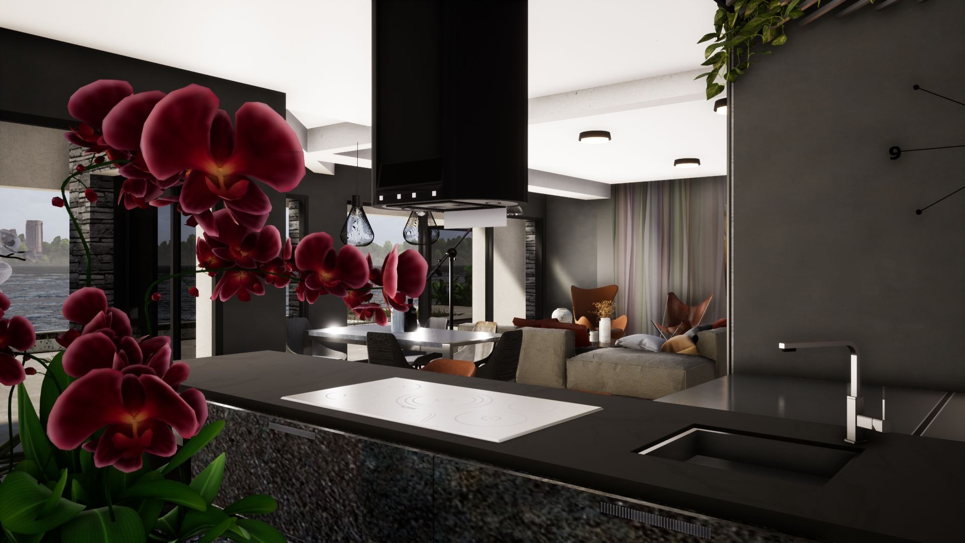 Nowoczesna kuchnia z wyspą, czarnym okapem i widokiem na morze, ozdobiona czerwonymi orchideami i minimalistycznym zegarem ściennym.