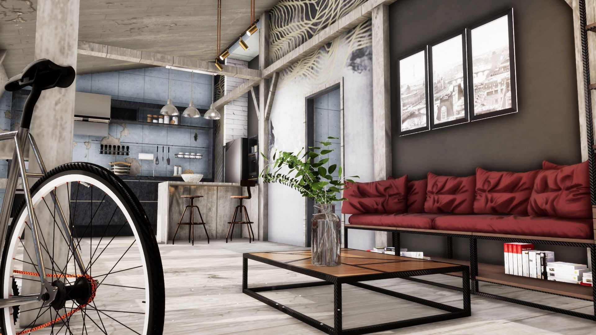 Loftowe wnętrze z betonową ścianą, drewnianymi belkami i czerwonym narożnikiem, uzupełnione rowerem jako elementem dekoracyjnym i rośliną w szklanym wazonie na stoliku kawowym.
