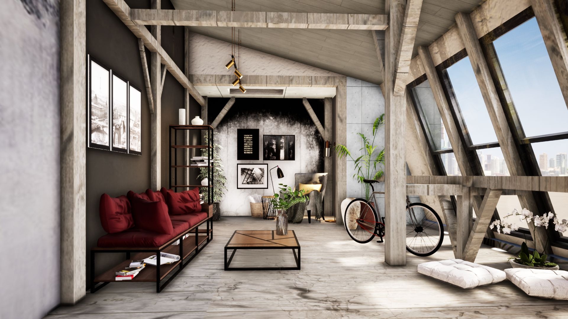 Loftowe wnętrze z drewnianą konstrukcją dachu, czerwona sofa, rower, poduszki podłogowe, stolik kawowy i widok na miasto przez okna.
