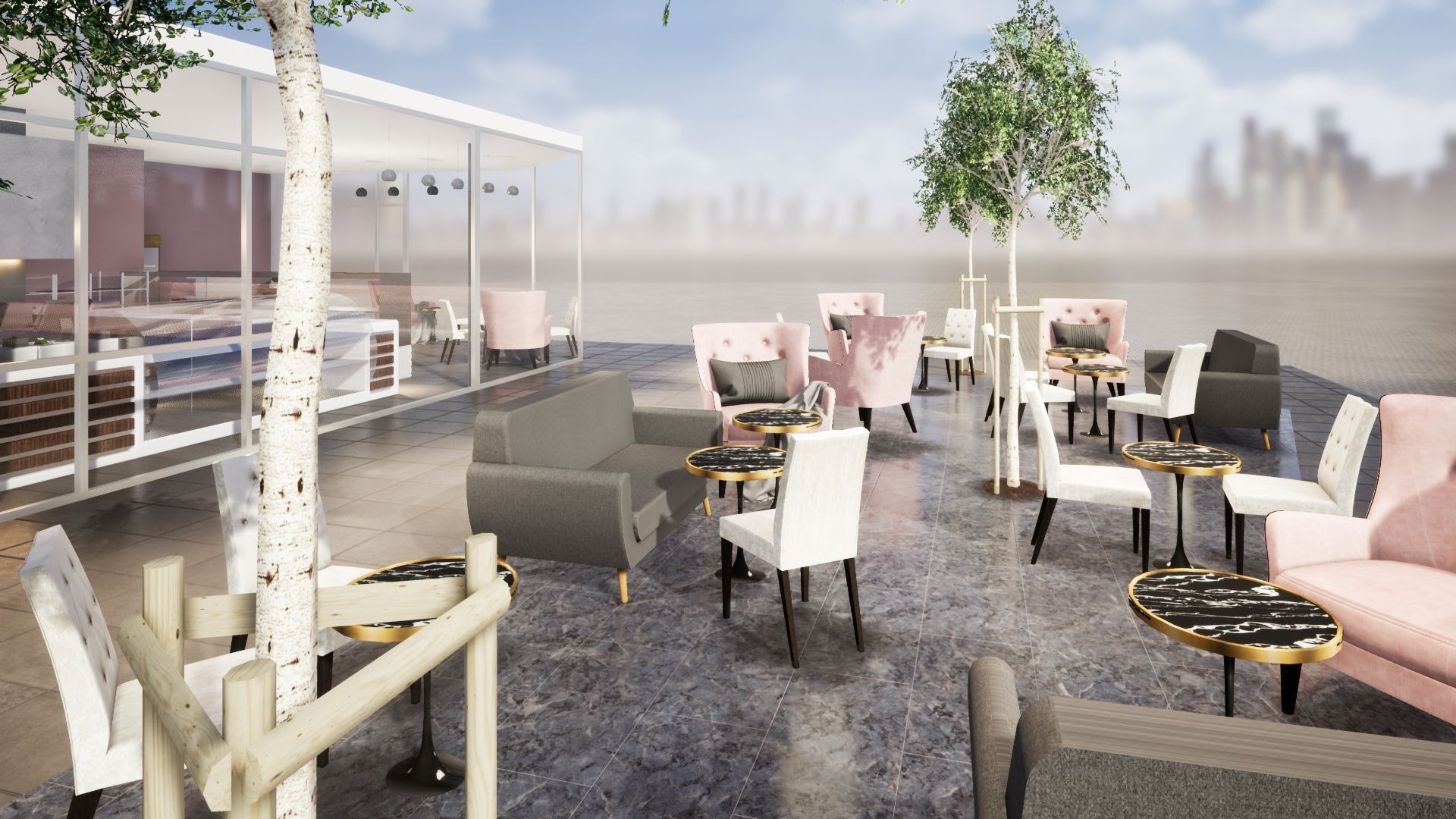 Wizualizacja kawiarni na zewnątrz z różowymi i szarymi fotelami, białymi krzesłami, stolikami z marmurowymi blatami i drzewami, na tle rozmytego miejskiego krajobrazu.