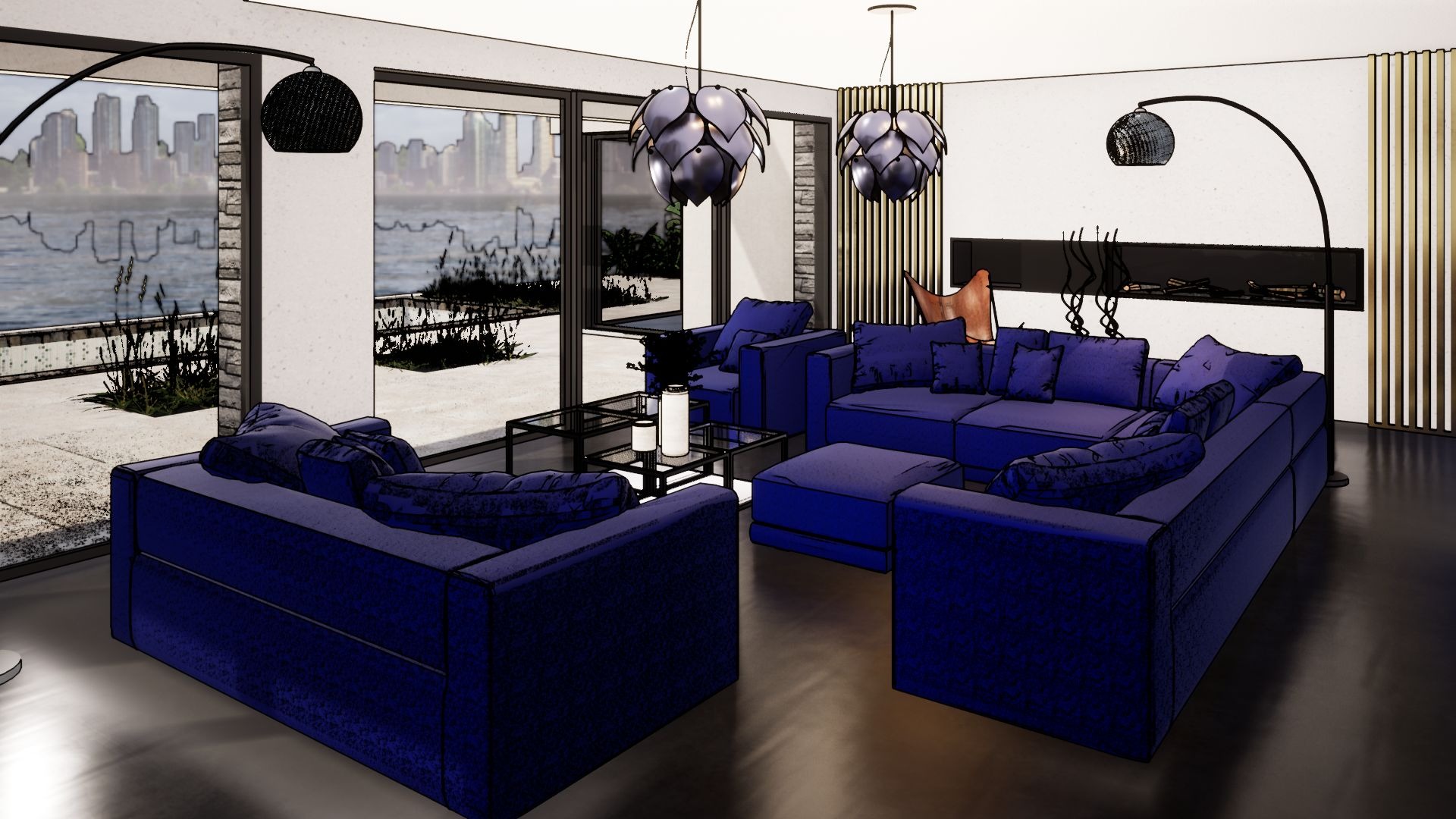 Wizualizacja przestronnego salonu z widokiem na miasto, wyposażonego w granatowe sofy modułowe, szklane stoliki kawowe i nowoczesne lampy wiszące w kształcie kwiatów.