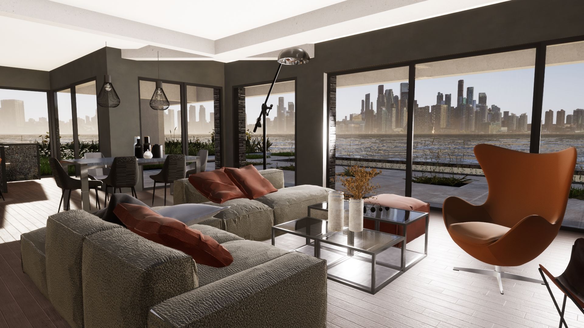 Nowoczesny salon z modułową sofą, stolikami kawowymi ze szklanym blatem i fotelem typu 'Egg' na tle panoramy miasta za oknem.