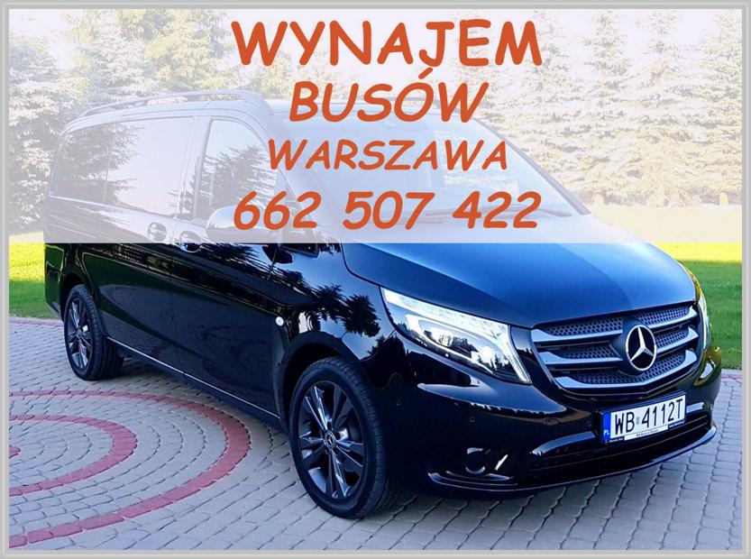 Czarny bus Mercedes Vito na kostce brukowej z napisem 'Wynajem Busów Warszawa 662 507 422' nałożonym na zdjęcie.