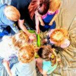 Grupa dzieci z animatorem w Gdańsku, siedząca na podłodze wokół zielonej zabawki edukacyjnej. Widok z góry, skupiający się na interakcji i zaangażowaniu dzieci.