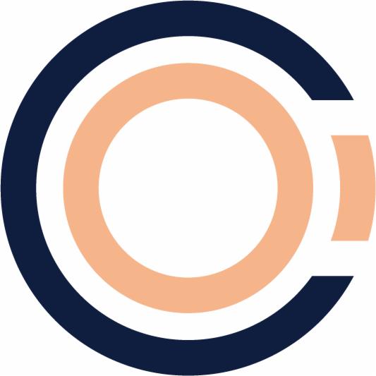 Abstrakcyjne logo z koncentrycznymi okręgami w kolorach granatowym i łososiowym, z przerwą w wewnętrznym okręgu tworzącą element graficzny.