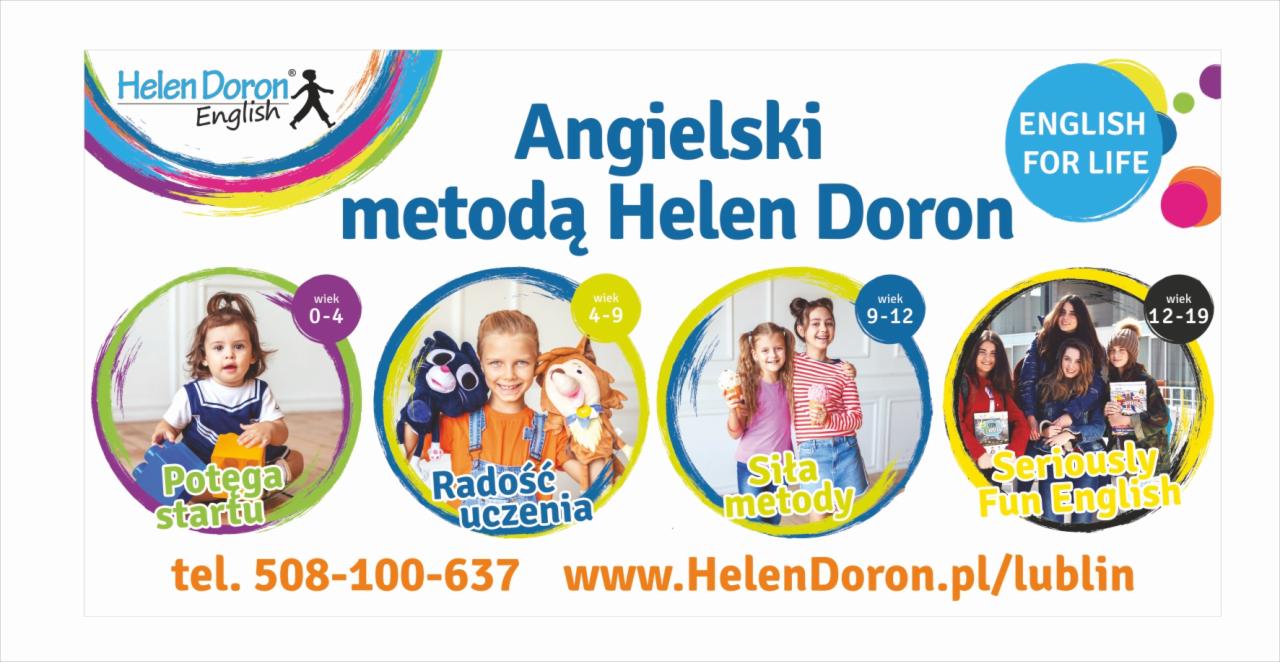 Plakat reklamowy szkoły językowej Helen Doron z wizerunkami dzieci w różnym wieku, od niemowlaka bawiącego się klockami po nastolatków trzymających książki, promujący naukę języka angielskiego.