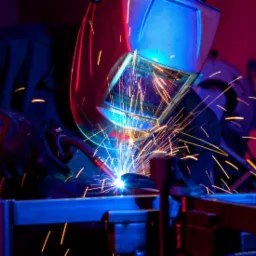 Pracownik w masce ochronnej łączy metalowe elementy, w tle widoczne iskry i ciemne otoczenie. Blask spawania oświetla stanowisko pracy.