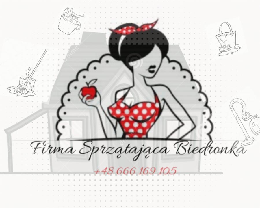 Grafika z logo firmy sprzątającej, stylizowana na retro, z wizerunkiem kobiety trzymającej jabłko, obok niej mop, wiadro, odkurzacz i podpis 'Firma Sprzątająca Biedronka' z numerem telefonu.