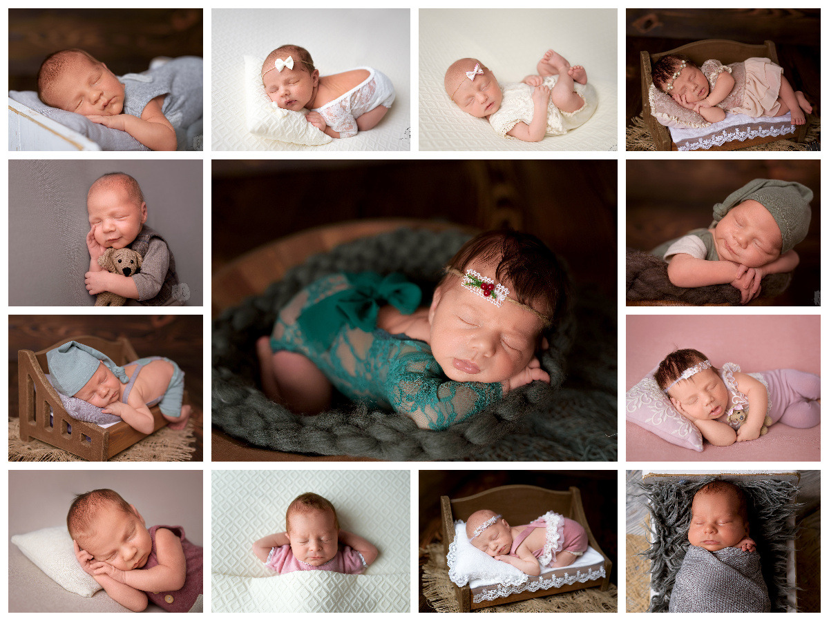 Kolekcja zdjęć śpiących noworodków w różnych stylizacjach i rekwizytach: łóżeczka, kocyki, ubranka z koronki, opaski, pluszowy miś, na różnych tłach.