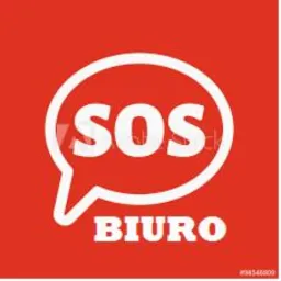 Czerwone tło z białym znakiem dymku dialogowego zawierającym napis 'SOS' oraz słowo 'BIURO' poniżej.