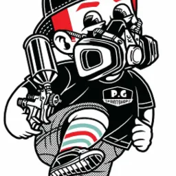 Ilustracja: postać w masce lakierniczej trzymająca pistolet natryskowy, logo 'P.G Paintshop' i napis 'Przemek Garage' z ikonami Facebooka i Instagrama.