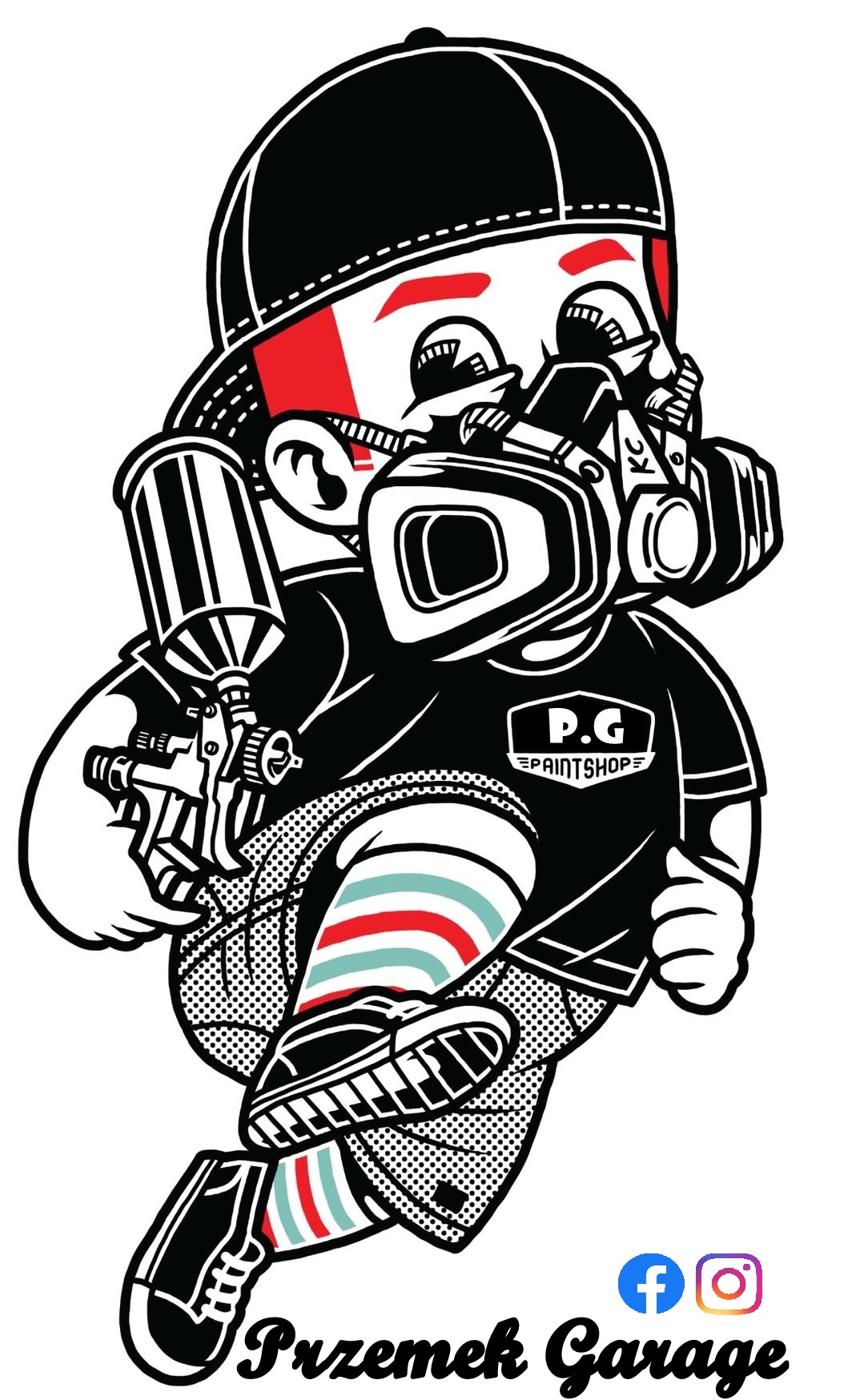 Ilustracja: postać w masce lakierniczej trzymająca pistolet natryskowy, logo 'P.G Paintshop' i napis 'Przemek Garage' z ikonami Facebooka i Instagrama.