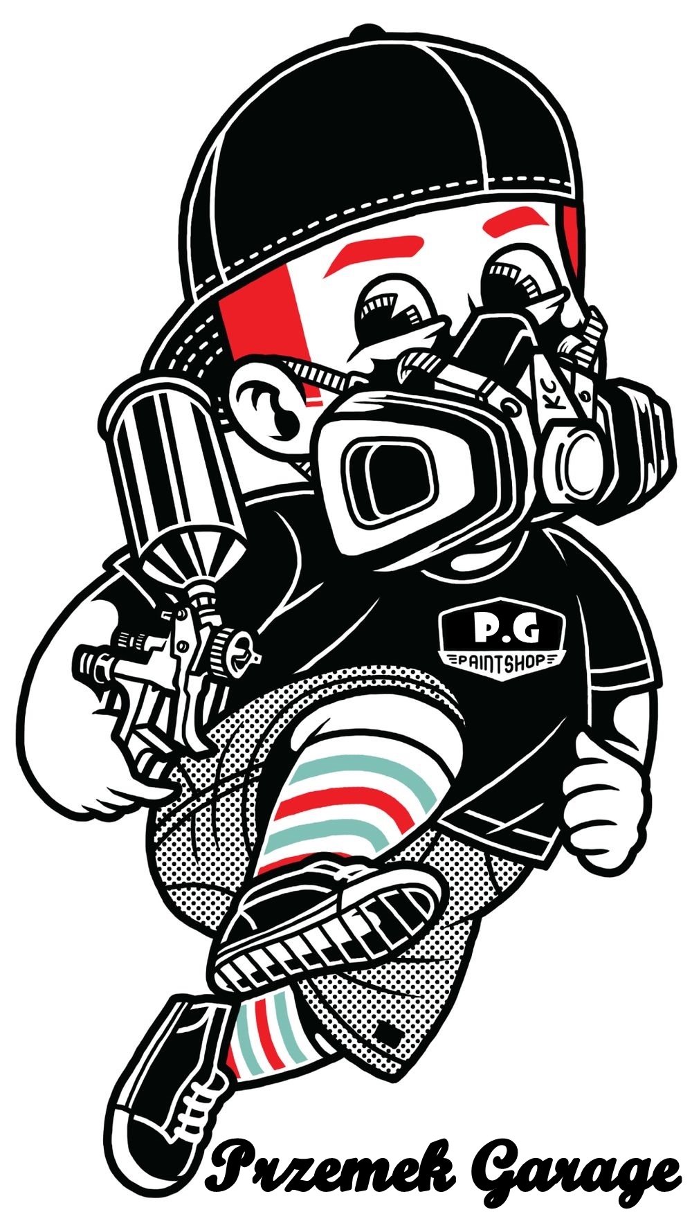 Grafika wektorowa przedstawiająca postać w masce ochronnej i czapce, trzymającą pistolet lakierniczy, z napisem 'Przemek Garage' u dołu.