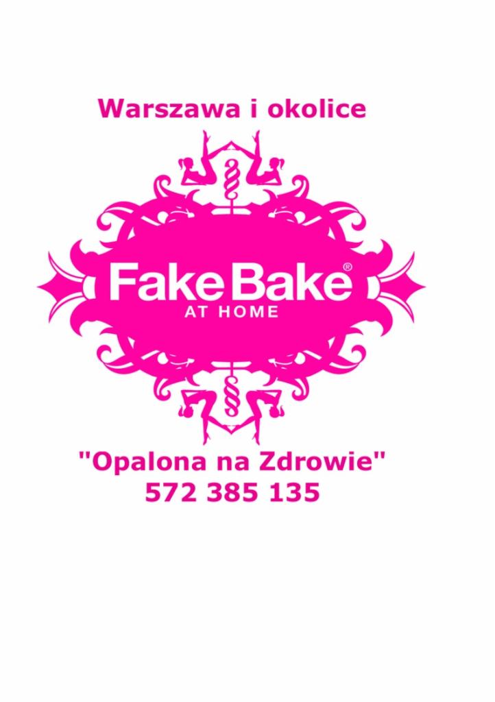 Różowe logo firmy Fake Bake At Home z Warszawy i okolic, oferującej opalanie natryskowe z hasłem 'Opalona na Zdrowie' i numerem telefonu.