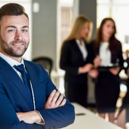 Uśmiechnięty mężczyzna w granatowym garniturze, biała koszula i niebieski krawat, stoi z założonymi rękami na tle rozmawiającej grupy współpracowników w biurze.