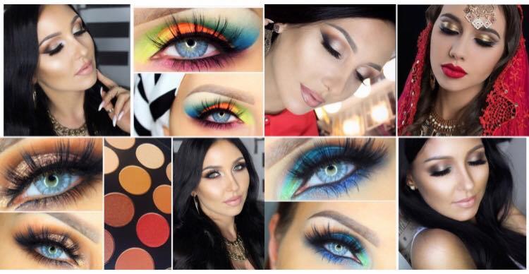 Kolaż zdjęć prezentujący różnorodne style upiększania oczu, od naturalnych po ekstrawaganckie, z paletą cieni w kolorach ziemi i intensywnych barw.