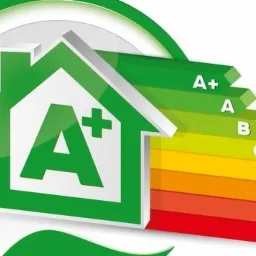 Graficzne przedstawienie klasy energetycznej budynku w formie ikony domu z symbolem A+ oraz kolorowej skali od A+ do G.