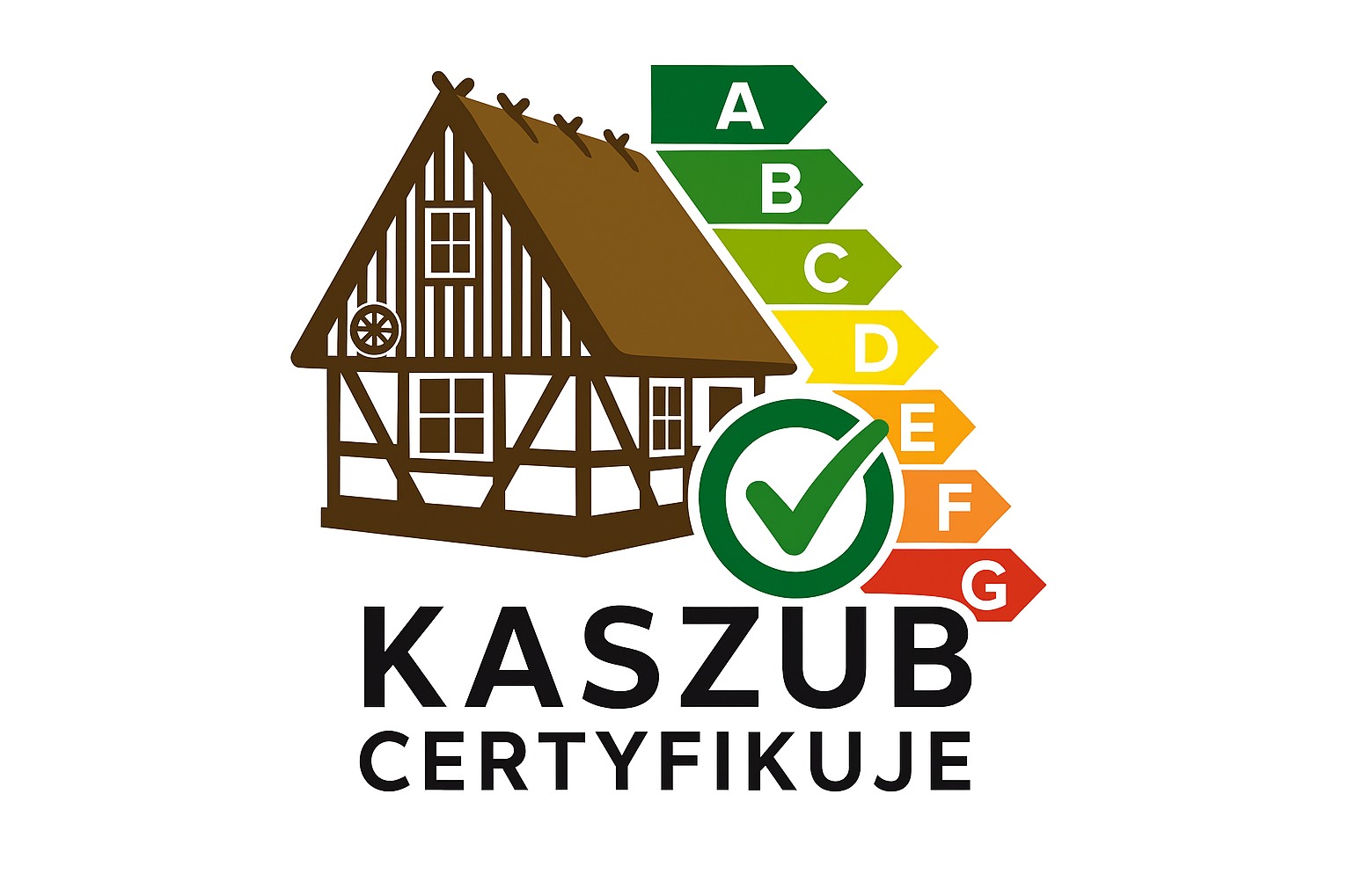 Logo firmy Kaszub Certyfikuje z motywem domu w stylu kaszubskim i klasą energetyczną, zaakceptowaną zielonym symbolem.