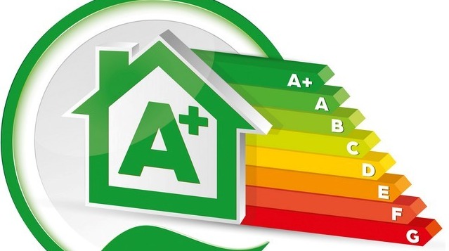 Graficzne przedstawienie klasy energetycznej budynku w formie ikony domu z symbolem A+ oraz kolorowej skali od A+ do G.
