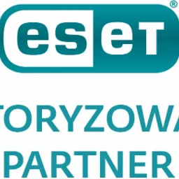 Logo firmy ESET, autoryzowanego partnera, w kolorze turkusowym na białym tle.