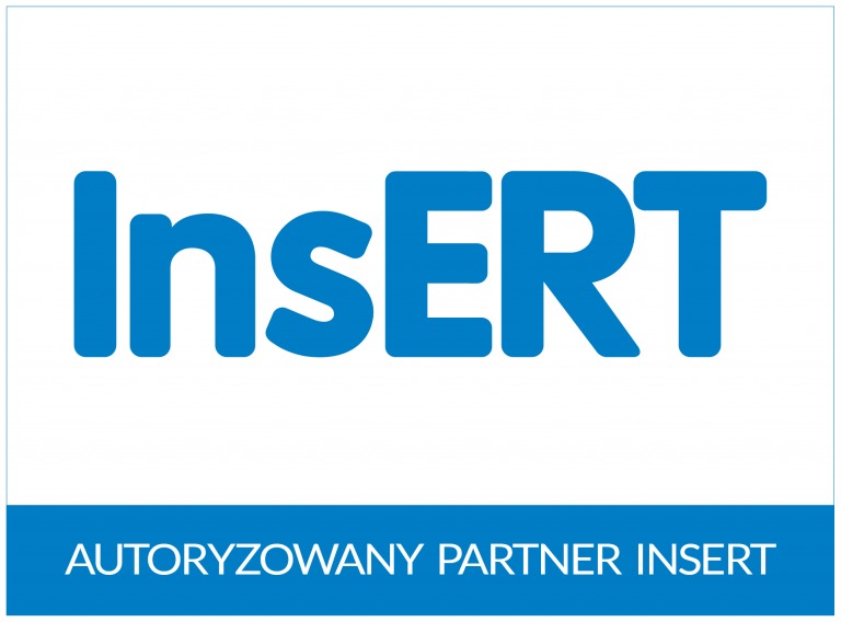 Logo firmy partnerskiej Insert w kolorze niebieskim, z napisem 'AUTORYZOWANY PARTNER INSERT' na niebieskim tle poniżej.
