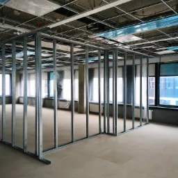 Montaż metalowej konstrukcji ścian działowych w przestronnym wnętrzu biurowym, widoczne profile stalowe, osłonięte folią okna i elementy podwieszanego sufitu.