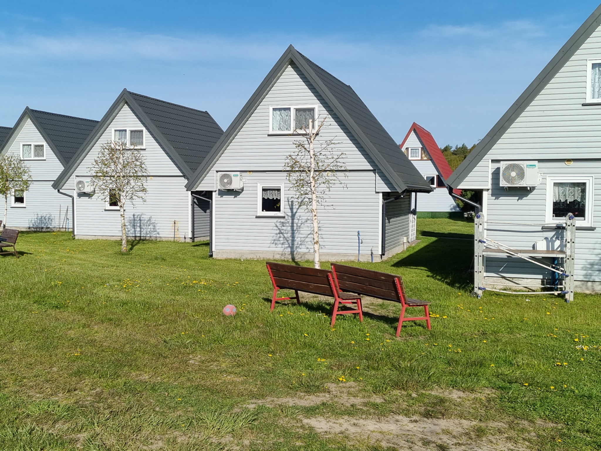 Rząd identycznych domków letniskowych z szarymi dachami i klimatyzatorami na ścianach zewnętrznych, otoczonych trawnikiem z żółtymi kwiatami i drzewami brzozy.