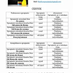 Cennik usług sprzątania firmy Markos, z informacją o używaniu naturalnych środków czystości, widoczny żółty spryskiwacz i ścierki.