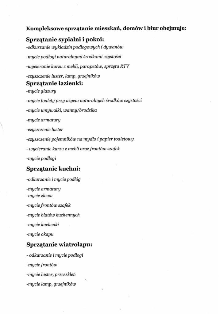Lista usług sprzątania mieszkań, domów i biur, wyszczególniająca sprzątanie sypialni, łazienki, kuchni i wiatrołapu, z uwzględnieniem odkurzania, mycia podłóg, mebli, armatury, luster i innych...
