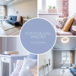 Kompozycja kolażu z wnętrz mieszkalnych: salon z szarą sofą, stolikiem kawowym i dekoracjami, sypialnia z pluszowym królikiem na łóżku, detale wyposażenia wnętrz, centralnie umieszczone logo...