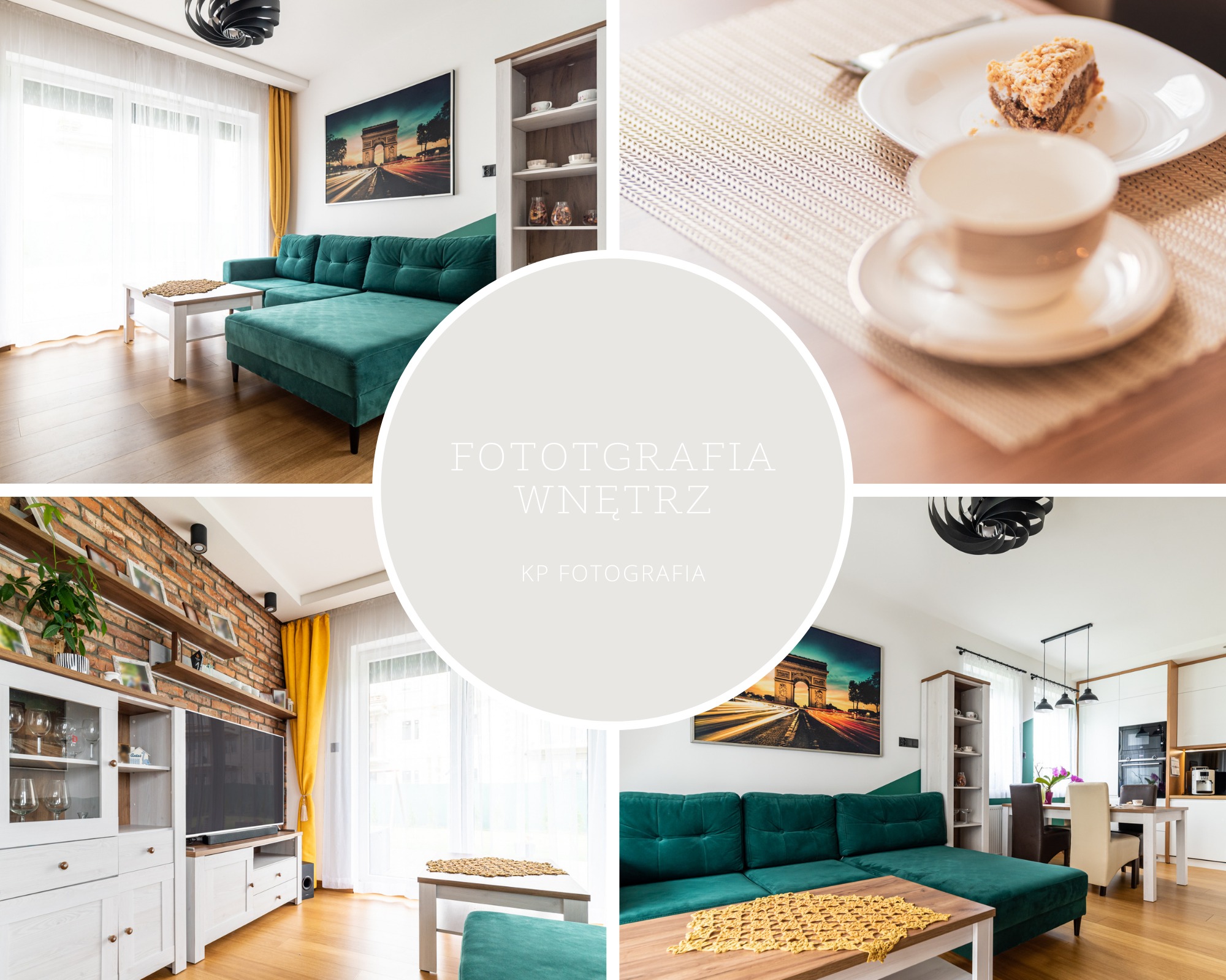 Kolaż przedstawiający wnętrza: salon z turkusową sofą i obrazem Łuku Triumfalnego, ceglaną ścianą i białymi meblami, oraz zbliżenie na filiżankę kawy i kawałek ciasta.