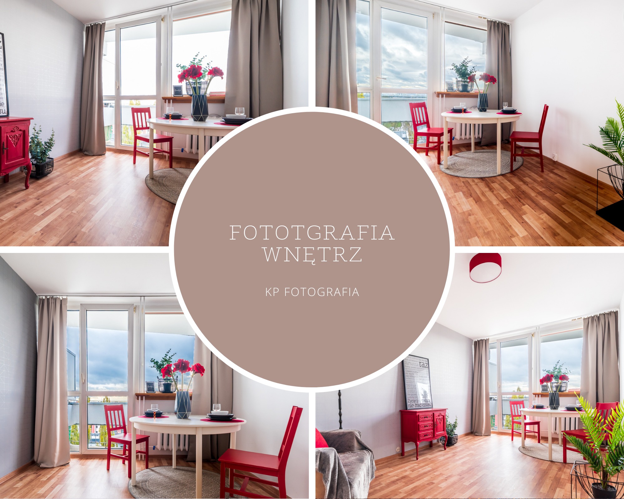 Kompozycja czterech ujęć jasnego pokoju z czerwonymi akcentami: stół z nakryciem, krzesła, komoda i roślina doniczkowa na tle okna z widokiem na miasto.