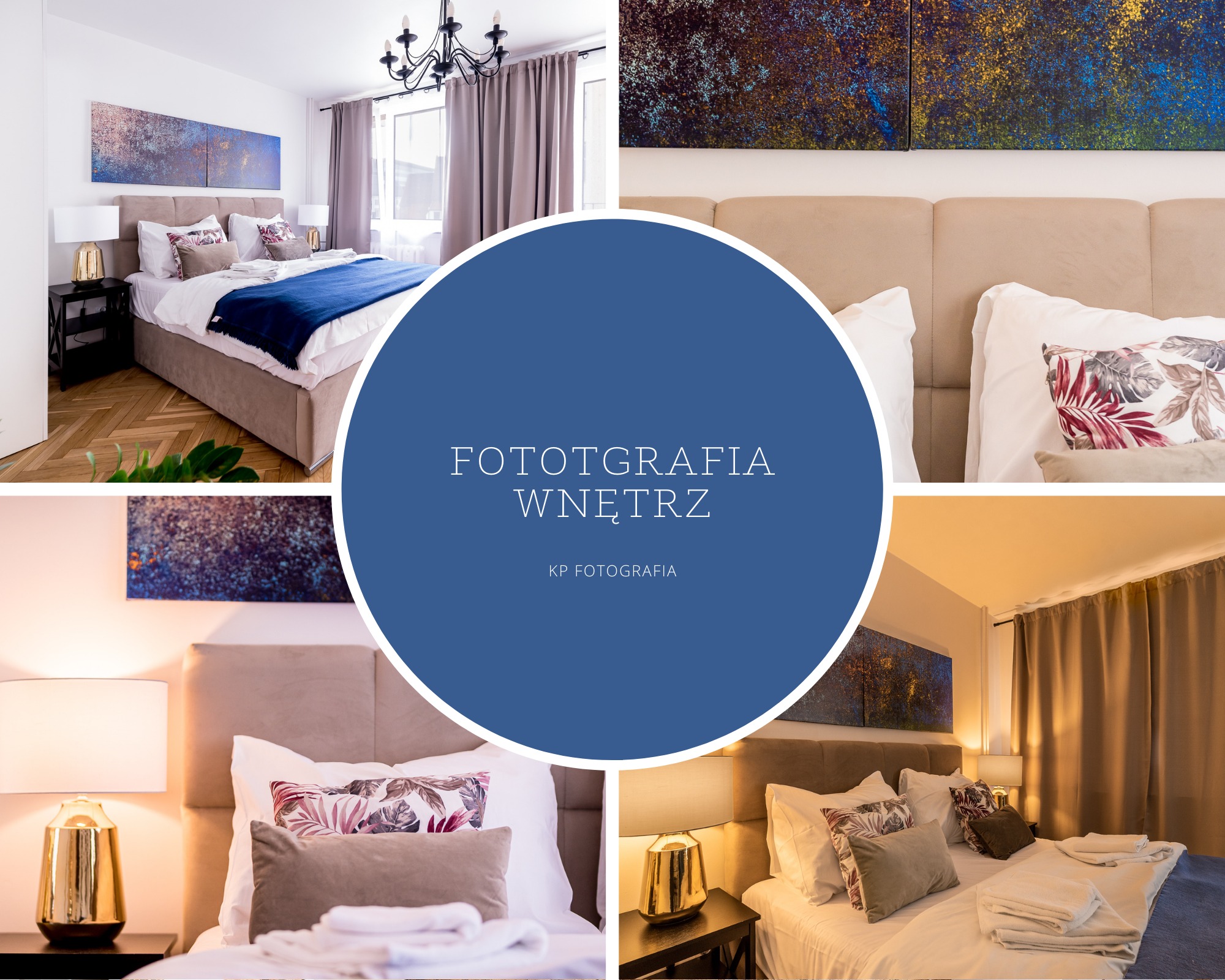Kompozycja z czterech ujęć sypialni: łóżko z beżowym zagłówkiem, białą pościelą i niebieskim pledem, nocne stoliki z lampkami, abstrakcyjny obraz na ścianie, parkiet na podłodze, szare zasłony.