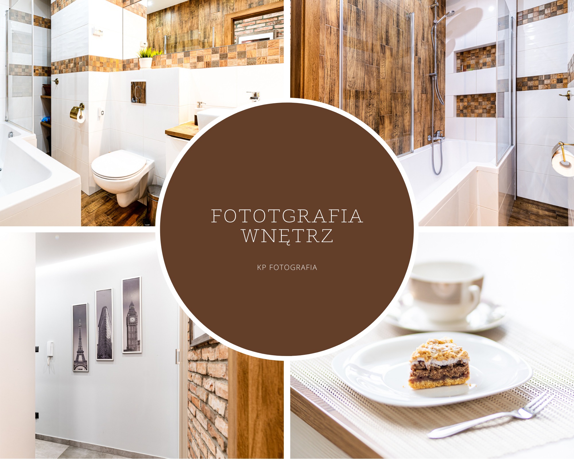 Kolaż zdjęć przedstawiający aranżacje wnętrz: łazienki z drewnianymi akcentami i dekoracjami, korytarz z grafikami przedstawiającymi wieżę Eiffla, Empire State Building i Big Bena oraz zbliżenie...