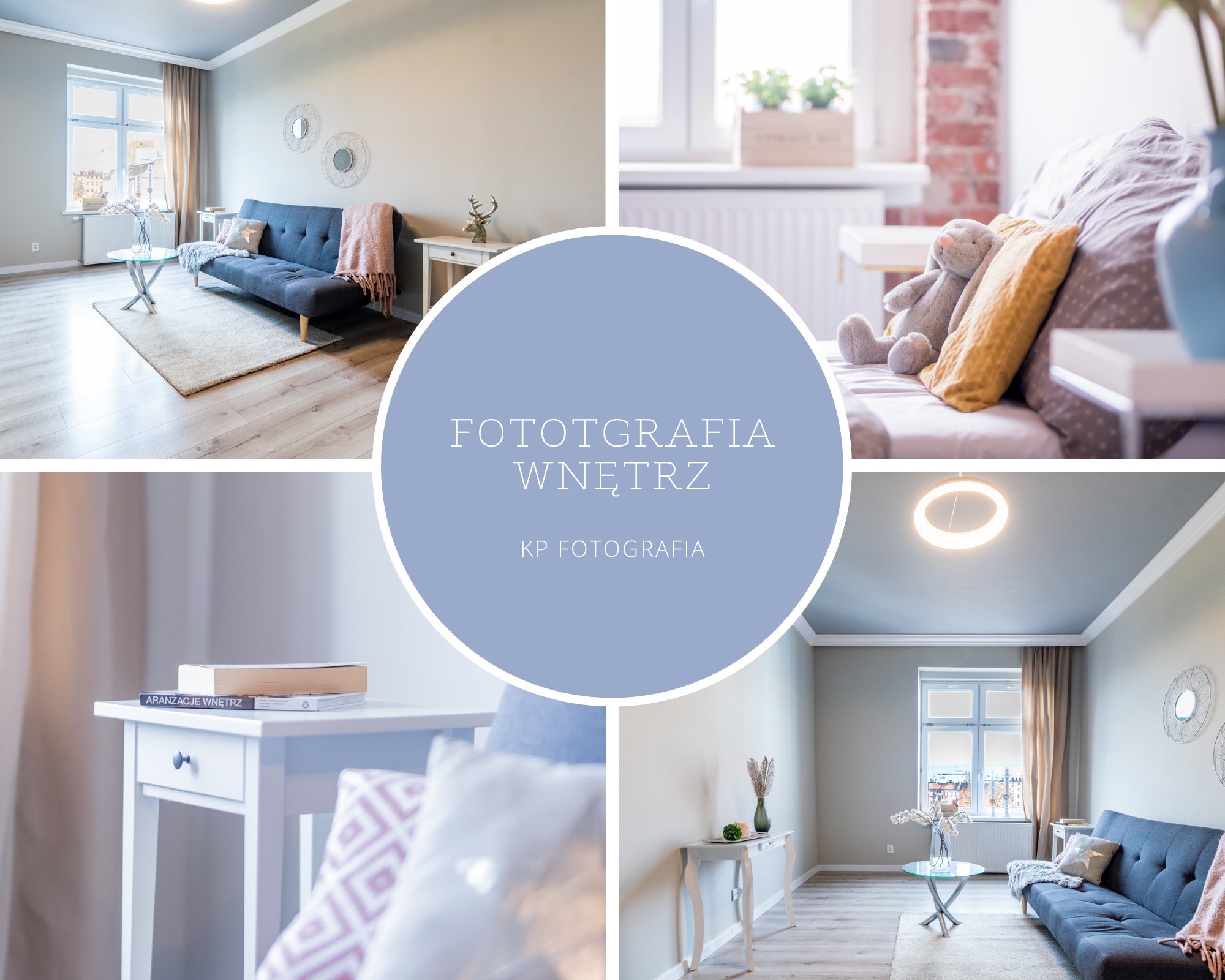 Kompozycja kolażu z wnętrz mieszkalnych: salon z szarą sofą, stolikiem kawowym i dekoracjami, sypialnia z pluszowym królikiem na łóżku, detale wyposażenia wnętrz, centralnie umieszczone logo...