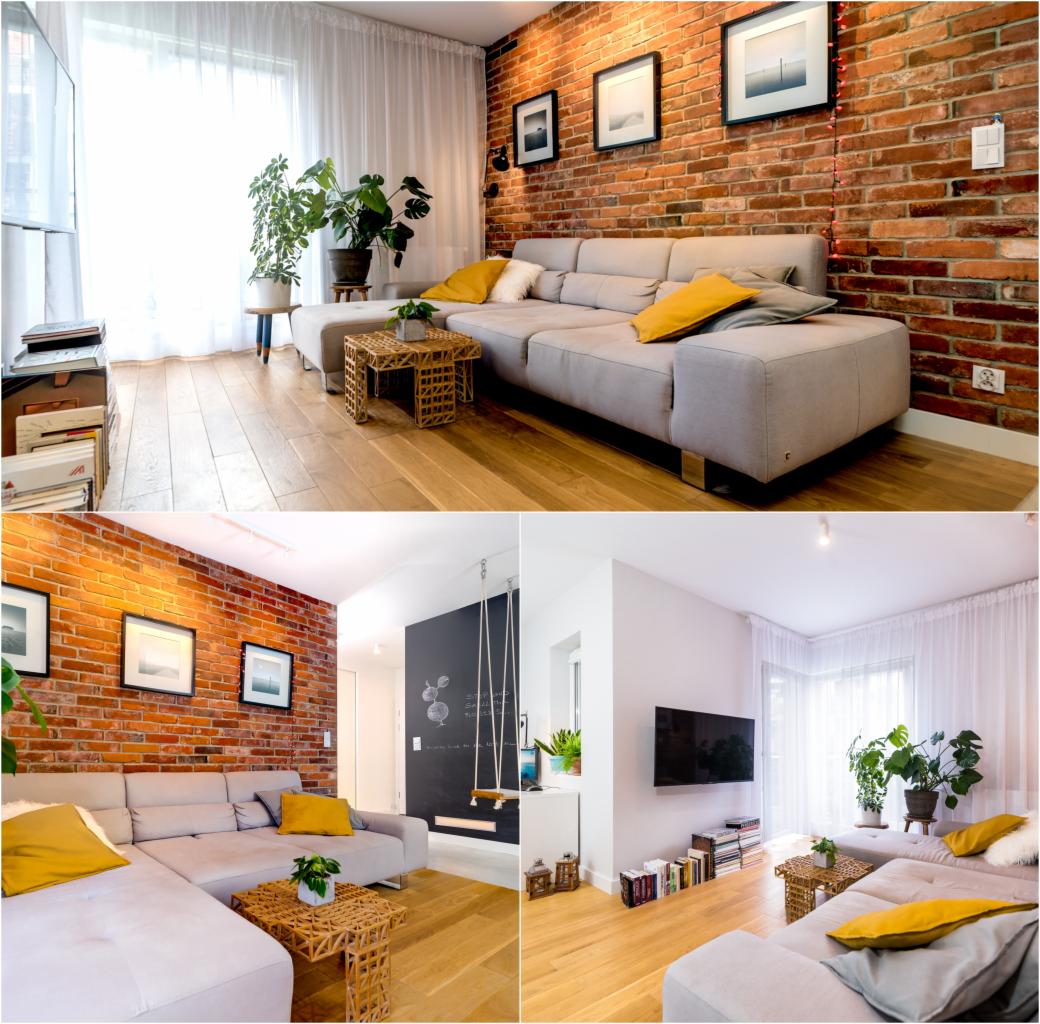 Jasne wnętrze salonu z ceglaną ścianą, szarą sofą narożną, drewnianą podłogą i roślinami doniczkowymi, widoczne trzy różne ujęcia.