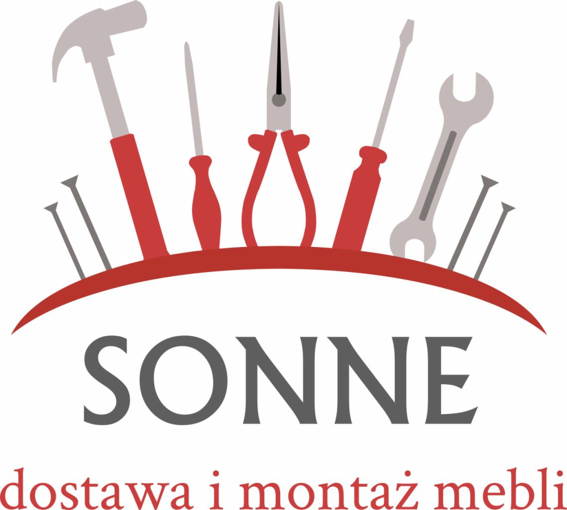 Logo firmy SONNE: dostawa i montaż mebli. Zawiera ikonę z narzędziami (młotek, śrubokręt, kombinerki, klucz) i gwoździami na czerwonym łuku.