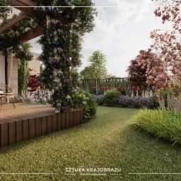 Wizualizacja ogrodu z drewnianym tarasem, pergolą oplecioną glicynią, okrągłymi fotelami z wikliny oraz rabatami z kwitnącymi roślinami w odcieniach różu, fioletu i bieli.