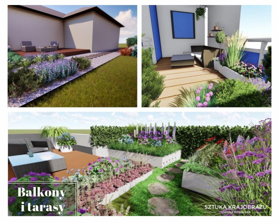 Wizualizacja 3D: taras z meblami ogrodowymi i kwitnącymi rabatami w betonowych donicach, ogród z kamienną ścieżką i dom z tarasem, balkon z roślinnością w donicach.