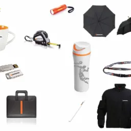 Zestaw gadżetów reklamowych z logo firmy: kubek z pomarańczowym wnętrzem, miara zwijana, parasole, pendrive, bidon z grafiką siatkarza, smycz, kurtka, torba konferencyjna, latarka i wskaźnik