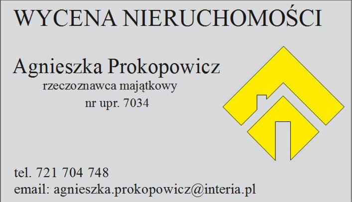 Wizytówka rzeczoznawcy majątkowego Agnieszki Prokopowicz z żółtym symbolem domu, numerem uprawnień, telefonem i adresem email.