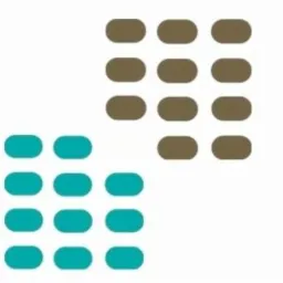 Abstrakcyjna grafika przedstawiająca dwa zestawy zaokrąglonych prostokątów: jeden w kolorze turkusowym, ułożony w formacie 3x4, a drugi w kolorze brązowym, ułożony w formacie 3x4, z perspektywą...