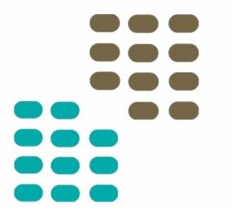 Abstrakcyjna grafika przedstawiająca dwa zestawy zaokrąglonych prostokątów: jeden w kolorze turkusowym, ułożony w formacie 3x4, a drugi w kolorze brązowym, ułożony w formacie 3x4, z perspektywą...