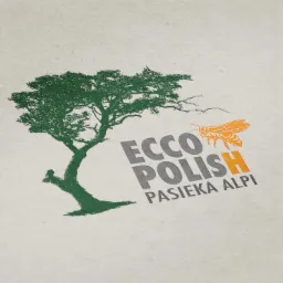 Logo firmy Ecco Polish Pasieka Alpi z zielonym drzewem i pomarańczową pszczołą na kremowym tle.