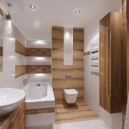 Nowoczesna łazienka z drewnopodobnymi płytkami, owalną umywalką nablatową, podświetlaną wnęką nad wanną i wiszącą toaletą.